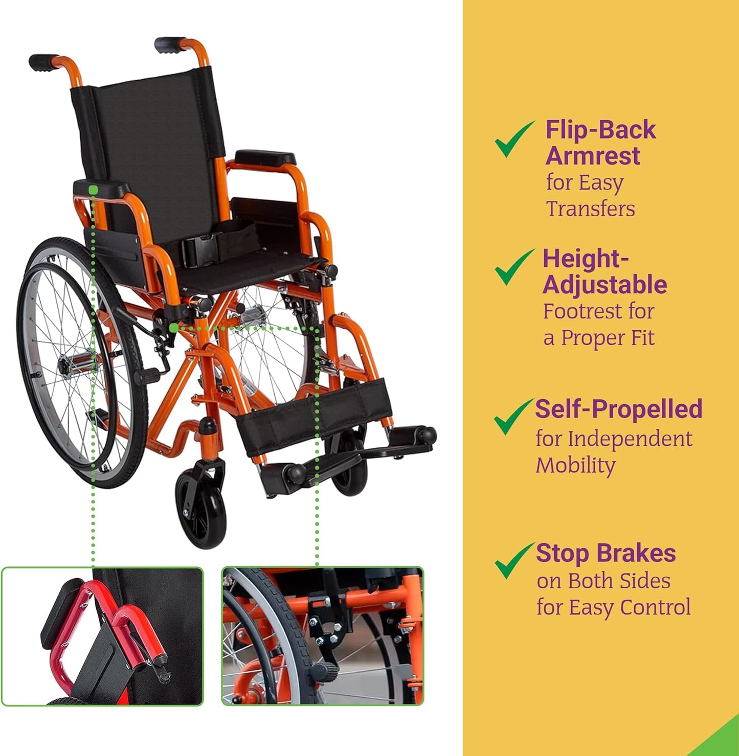Orange pediatric wheelchair with flip-back armrests, adjustable footrest, and dual brakes