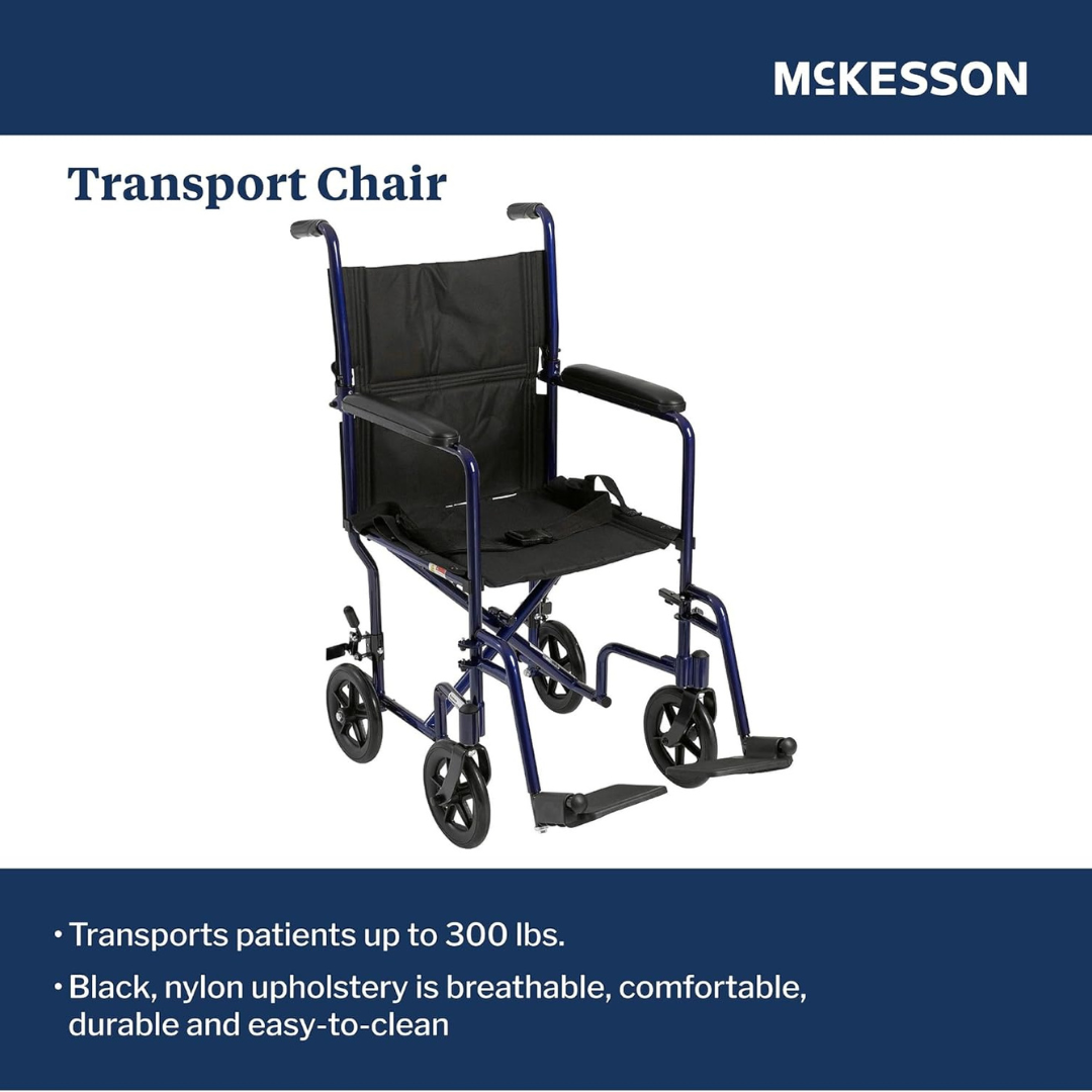 Transport Chair McKesson 19 Inch Seat Width Full Length Arm Swing-Away Footrest Aluminum Frame with Blue Finish