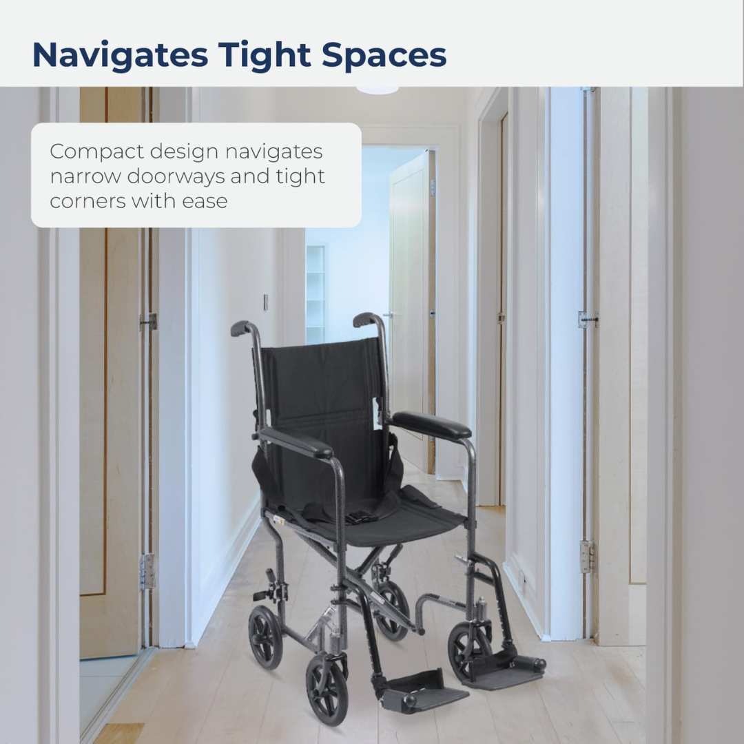 Transport Chair drive 17 Inch Seat Width Full Length Arm Swing-Away Footrest Steel Frame with Silver Vein Finish