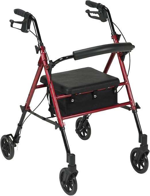 Drive Medical  4 Wheel Rollator Walker With Seat, Steel Rolling Walker, Height Adjustable, 7.5" Wheels, Removable Back Support, 300 Pound Weight Capacity, Red
