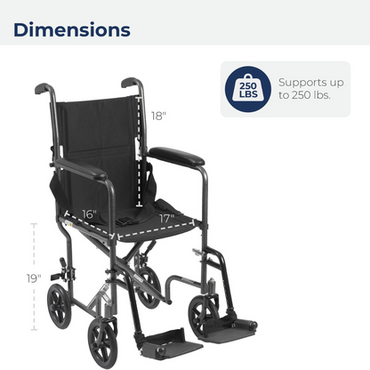 Transport Chair drive 17 Inch Seat Width Full Length Arm Swing-Away Footrest Steel Frame with Silver Vein Finish