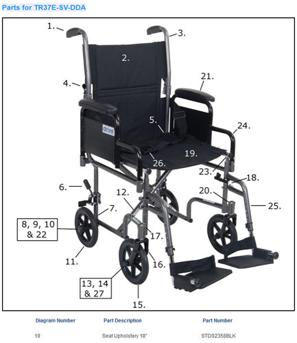 Drive Medical Seat Upholstery Only For Drive Transport Chair 18 X16  Black