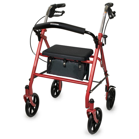 4 Wheel Rollator McKesson Red Adjustable Height / Folding Steel Frame