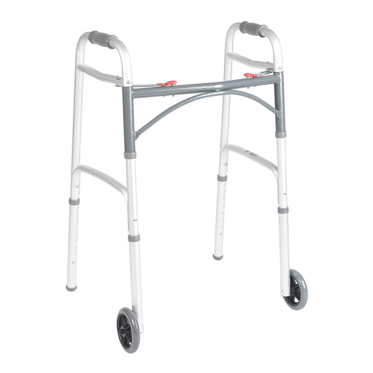 Dual Release Folding Walker with Wheels Adjustable Height drive Deluxe Aluminum Frame 350 lbs. Weight Capacity 25 to 32-1/4 Inch Height
